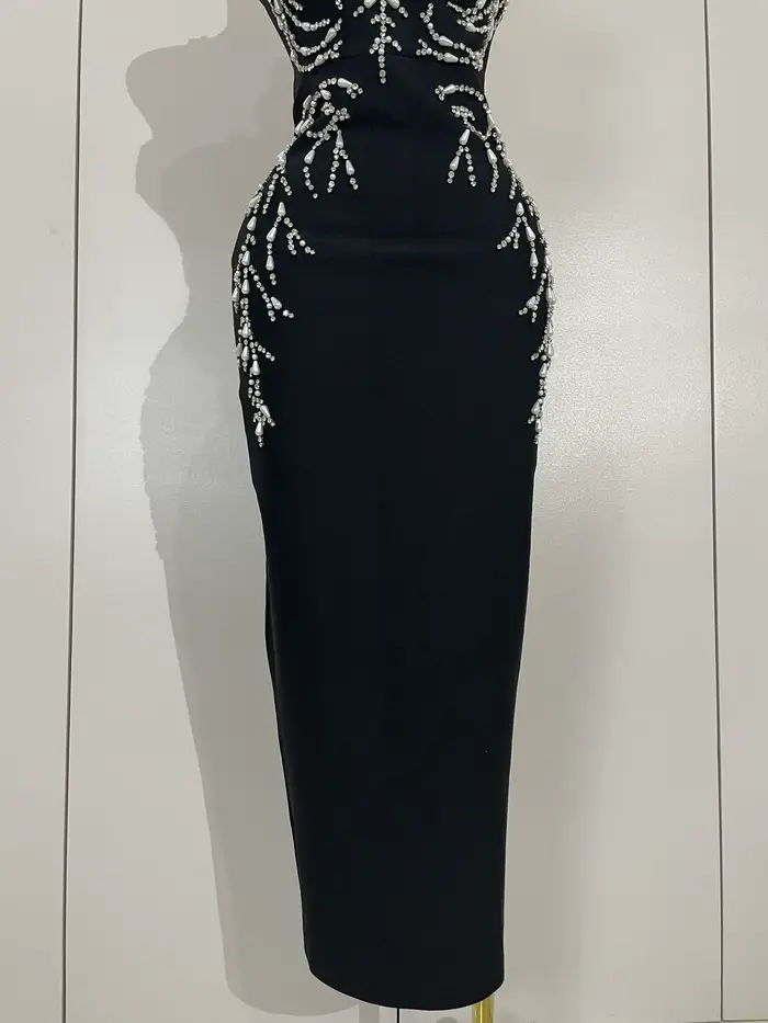 2025 Nouveau Sexy Dos Nu Noir Perles Longue Moulante Bandage Robe Femmes Célébrité Élégant Soirée Cl