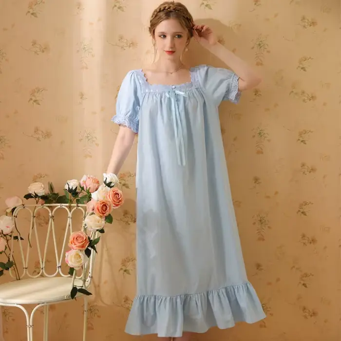 Palác štýl pyžamové šaty pre ženy, bavlnené, dlhé, sexy, retro, francúzska princezná, krátke rukávy, jednofarebné, Sleepwear, 2023
