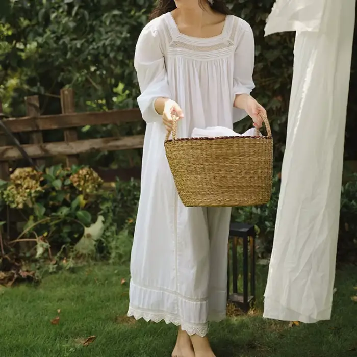 Nouvelle Robe de Nuit Princesse Blanche à Manches Longues Style Victoria, 100% Coton, Col Carré en D