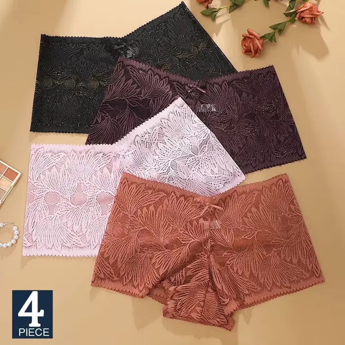 4 kusy / set čipka nohavičky pre ženy Kvetinové duté štýl Cheekie spodná bielizeň Sexy intímna žena Spodná bielizeň Fineto dizajn nohavičky