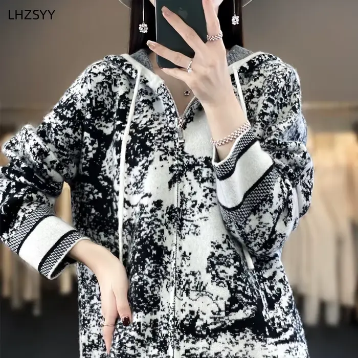 LHZSYY-Pull à Capuche en Cachemire pour Femme, Cardigan Triblockchain avec Fermeture Éclair, Manteau