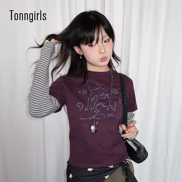 Tonngirl Y2k Tričko Vintage pre ženy s dlhými rukávmi Japonský patchwork 2000s Grunge topy Americký streetwear retro