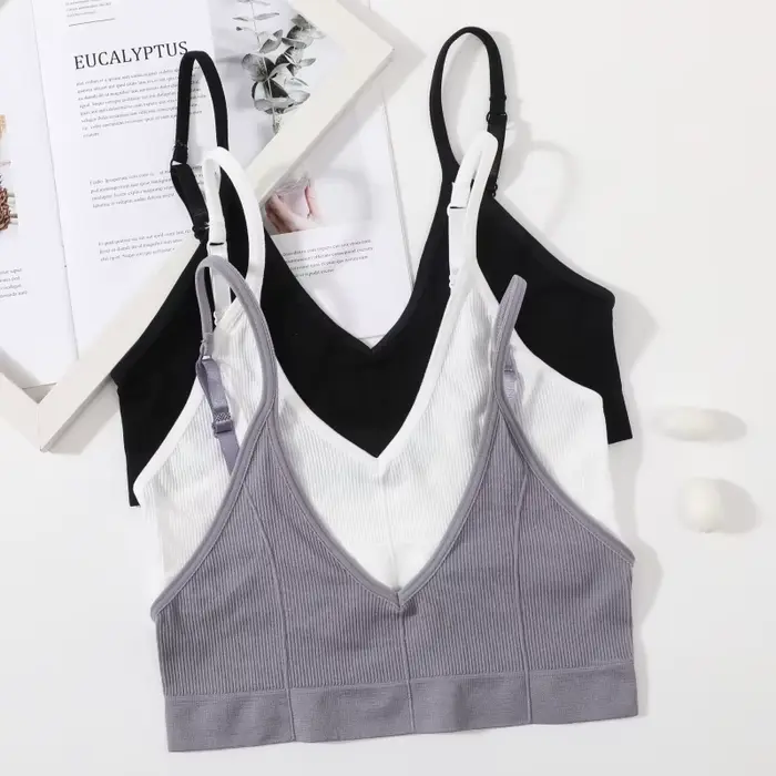Soutien-gorge sans couture en nylon et spandex côtelé pour femme, col en V, dos en U, bretelles réglables, lingerie sexy et sous-vêtement de sport, taille M-L