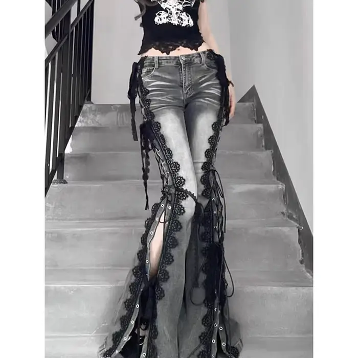 YIBASHU femmes Dark Academia Goblin Core Harajuku Y2K taille basse dentelle jean Abi Denim Flare pan