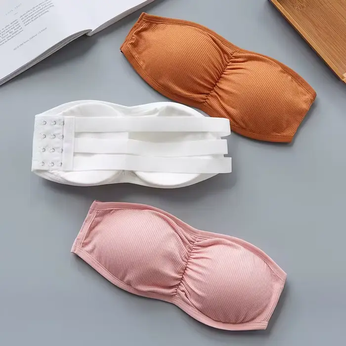 Soutien-gorge bandeau côtelé sans bretelles pour femme, anti-dérapant, froncé, coussinets amovibles respirants, crochets dorsaux réglables, occasion spéciale invisible sous-vêtement
