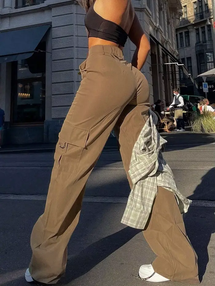 Pantalon cargo MIEAUT en polyester serge avec taille haute et poches fonctionnelles pour femmes sorties nocturnes et tous les jours