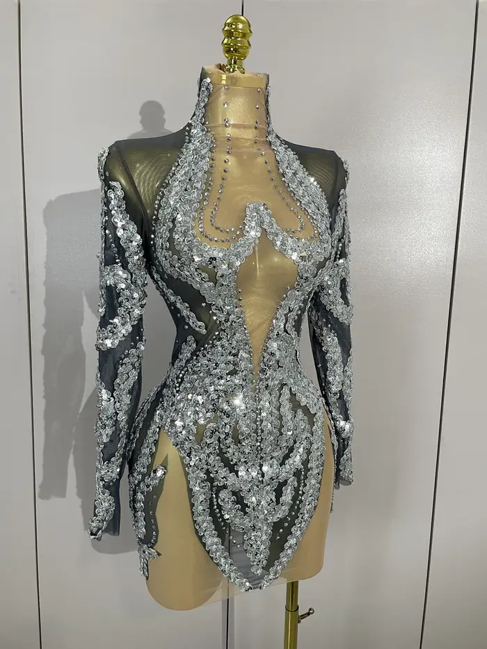 STOCK – tenue de scène Sexy en maille, manches longues, strass scintillants, Mini robe, fête d'anniv