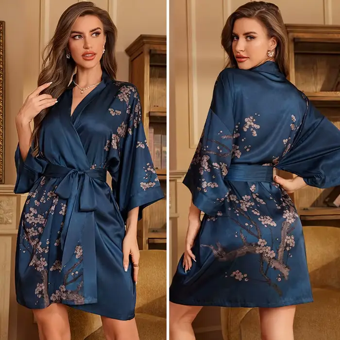 Robe de Nuit en Satin Bleu Marine à Imprimé Floral pour Femme, Kimono, Peignoir, Vêtement de Maison, Printemps et Été