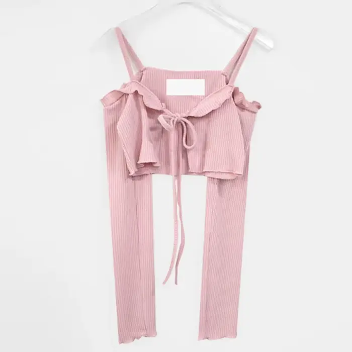 Mode rose Sexy femmes épaules nues à lacets manteaux corée printemps été nouveau doux Cardigan court