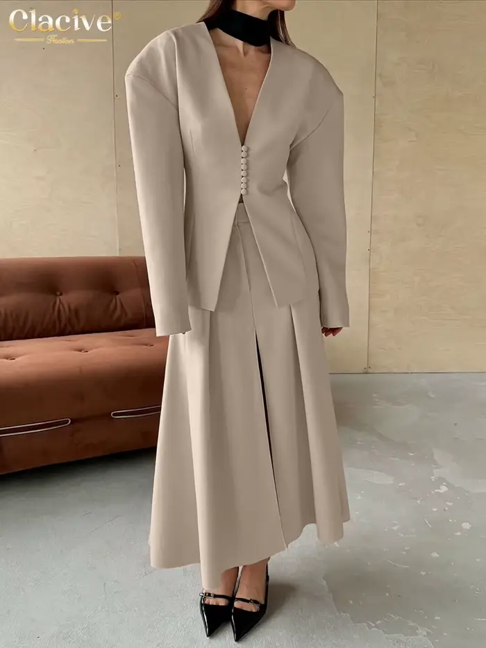 Clacive voľný khaki dvojdielny set pre ženy do kancelárie 2025 elegantná košeľa s dlhými rukávmi s vysokým pásom a rozparkom