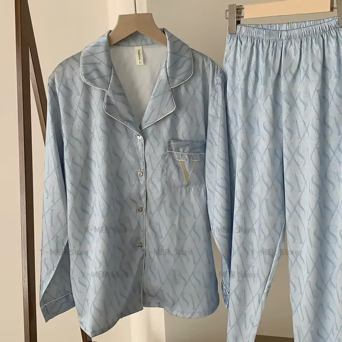 Zelená tlač pyžamový set, dlhé rukávy, dámske oblečenie na spanie, luxusné, rayon, domáce oblečenie, písmeno V, relaxačné oblečenie, 2 kusy