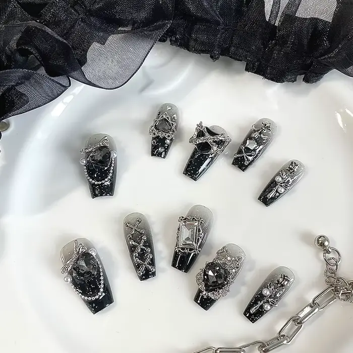10 pièces d'ongles en forme de cercueil faits à la main, beaux faux ongles, nail art gothique foncé,