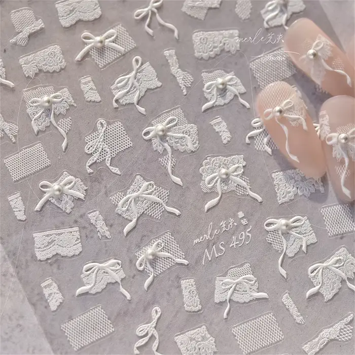 1 kus 5D japonský biely čipkovaný motýlik Nail Art nálepky perla kamienky dekorácia nechtov lepiaca nálepka