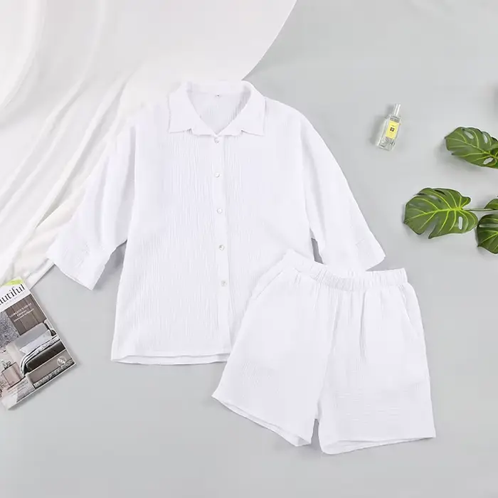 Pyjama en coton pour femmes, ensemble de vêtements de nuit décontractés, col rabattu, manches neuf q