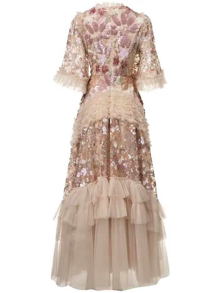 DSXDFACAIRIJ femmes paillettes fleur broderie col rond manches évasées à volants Vintage robe de bal