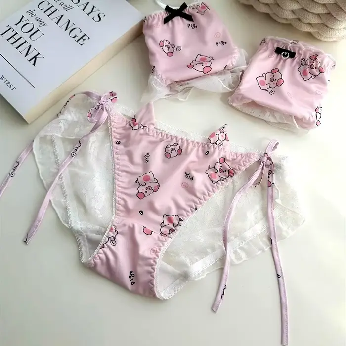 Roztomilé prasiatko Sexy nohavičky pre dievčatá čipka hladký popruh spodná bielizeň bavlna rozkrok nohavičky Kwaii ružové ženy Bikini Hombre Spodná bielizeň
