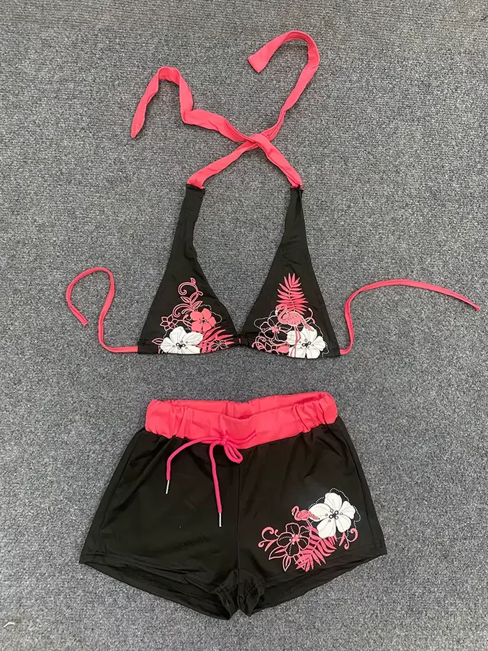 Été plage Ins mode chaude Sexy dames fendu deux pièces Bikini beau Vintage contraste fleur imprimé s