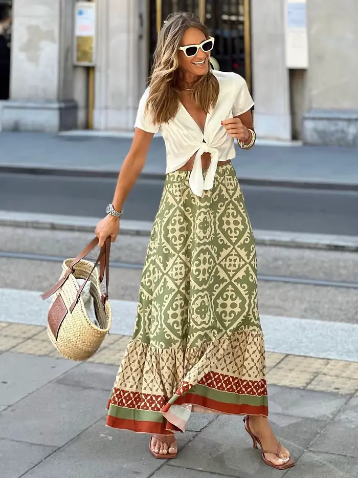 Jastie Boho retro kvetinová potlač sukne pre ženy 2025 leto vysoký pás a-línia plisované dlhé