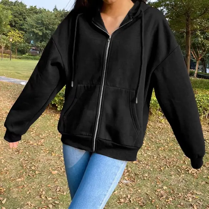 Sweat à capuche en polaire, couleur unie, mode coréenne, haut à manches longues, poches avec cordon 