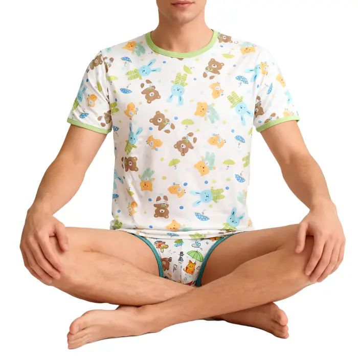 T-shirt mignon pour hommes et femmes, avec boutons-pression sur une épaule, pyjama de maison en pur coton, dessin animé kawaii ABDL