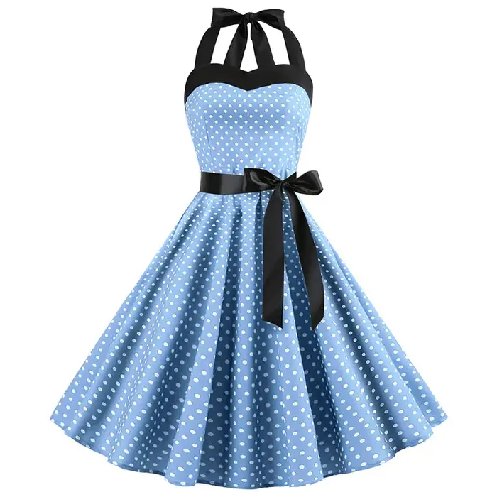 Robe Sexy rétro blanche à pois, Hepburn, Vintage, col licou, Robe de soirée, années 50 et 60, Pin Up