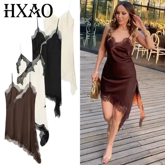 HXAO dámske asymetrické čipkované šaty Letné 2025 Sexy večerné