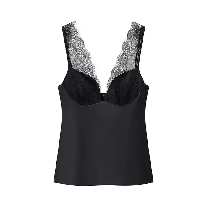 CharmChant noir Satin dentelle col en v Camisole haut pour femmes recadrée Y2k Harajuku mode élégant