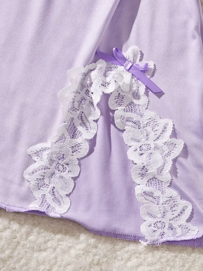 Dámska nočná košeľa z ľahkej fialovej čipky s lukom, babydoll štýl, sada spodná bielizeň, dámske oblečenie