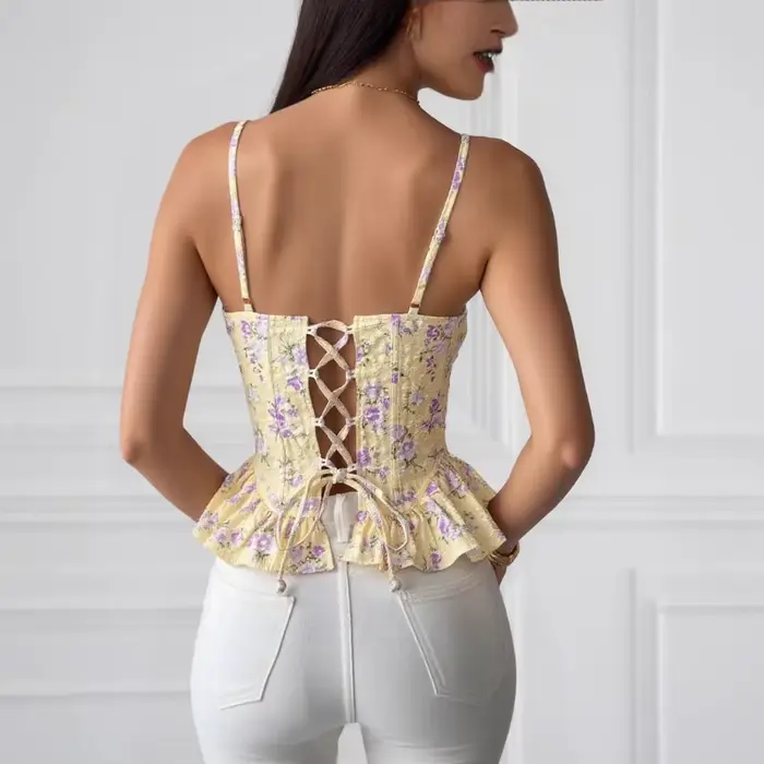 Dámske francúzske korzet tielko, s popruhmi, nepravidelný fit, streetwear štýl, sexy, bez chrbta, šnúrky, s veľryby, tesné