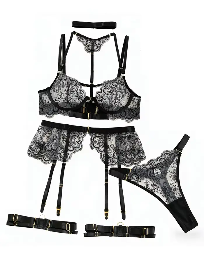 Ensemble de lingerie sculptante cinq pièces Belamimi en dentelle pour femmes avec soutien-gorge plongeur et culotte brodée occasions spéciales et quotidiennes
