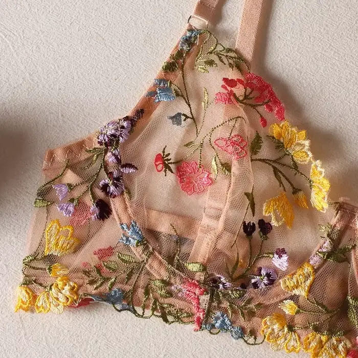 Dámske kvetinové vyšívané spodná bielizeň Set, 2 kusy, priehľadná Boho podprsenka + nohavičky, intímne spodná bielizeň Set