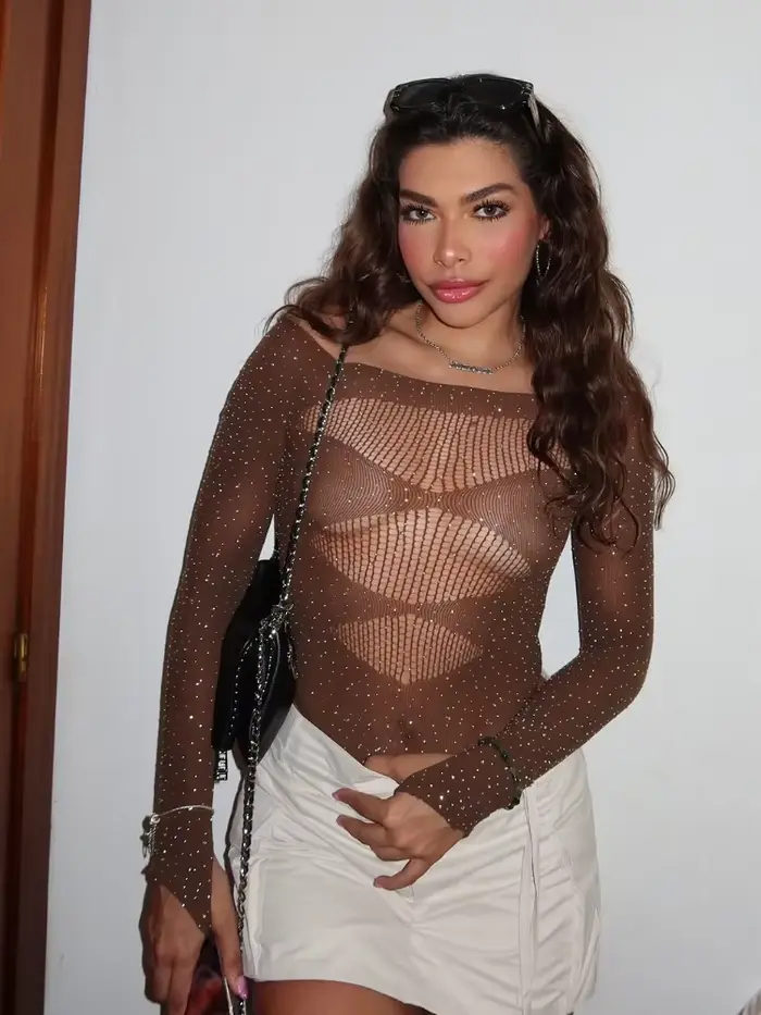 Dámske sieťované tesné body, prelamované, sexy, dlhý rukáv, flitrované, trendy, pre bežné každodenné použitie a špeciálne príležitosti