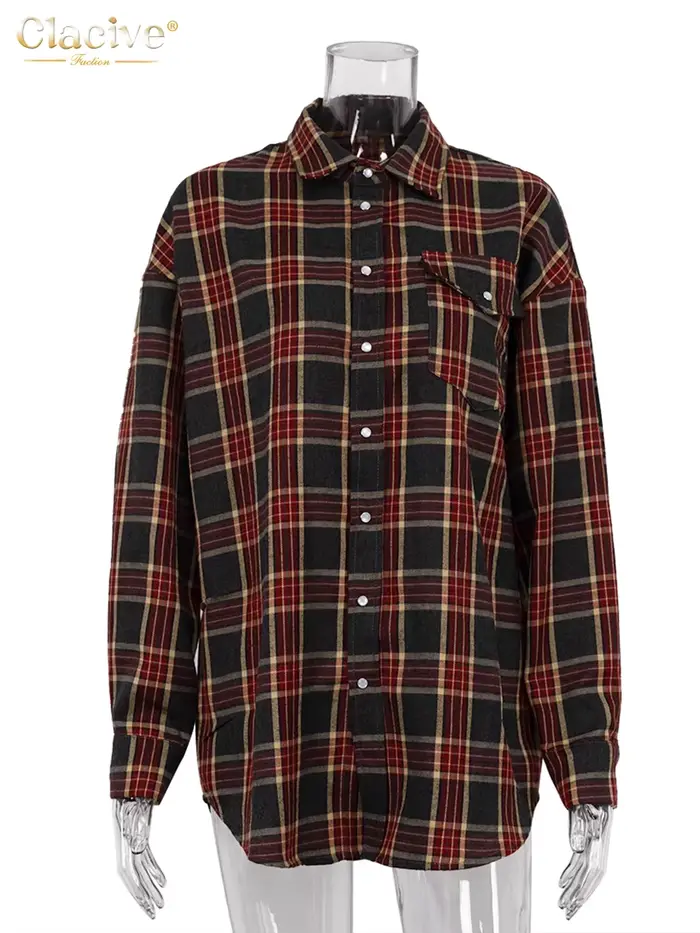 ClacMarkets-Chemisier à carreaux pour femmes, haut à lacets, revers élégant, manches longues, chemis