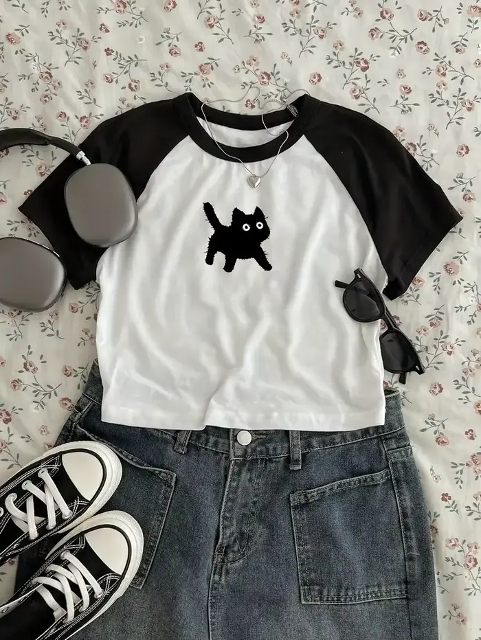 Roztomilá mačka tričko s potlačou krátky strih Sexy crop top krátke rukávy okrúhly výstrih