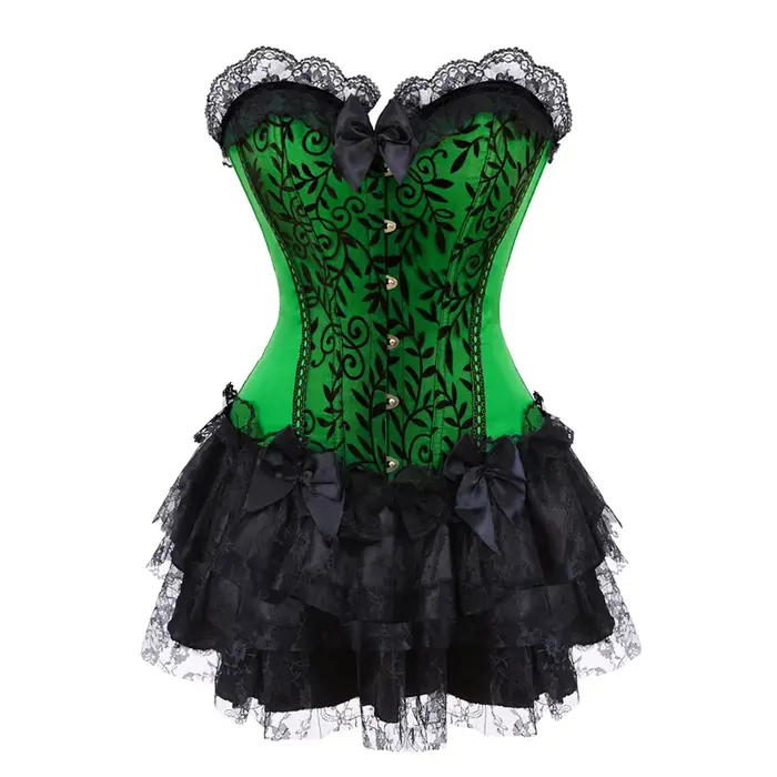 Čipkovaný večerný korzetový voľný sexy šaty pre ženy zelená Lingerie a čierna čipka mini sukňa Showgirl tanec S-2XL
