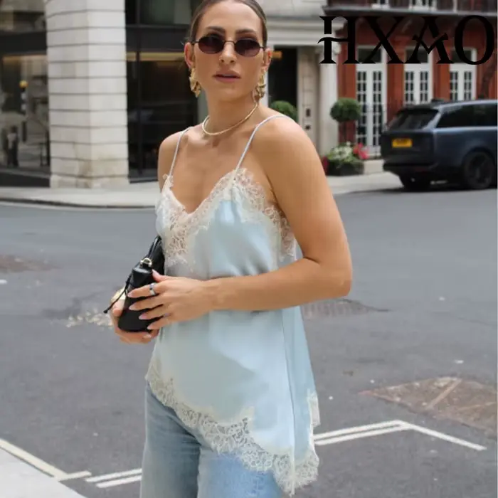 HXAO dámsky čipkovaný crop top s odhaleným chrbtom Sexy modrý top bez rukávov Dámska asymetrická camisola na párty čierna žltá