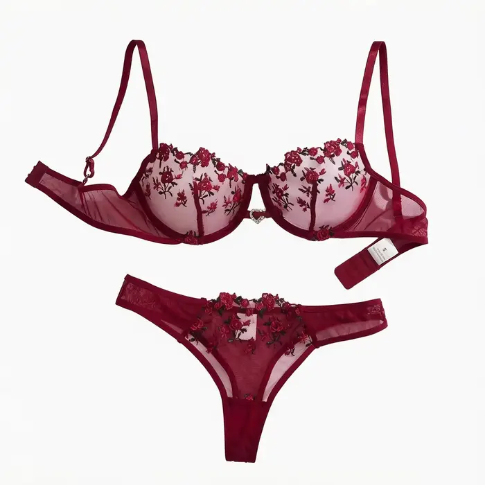 Ensemble de lingerie en dentelle brodée florale de style français rouge bordeaux, soutien-gorge transparent sexy et pur désir, pour la Saint-Valentin ZA824026