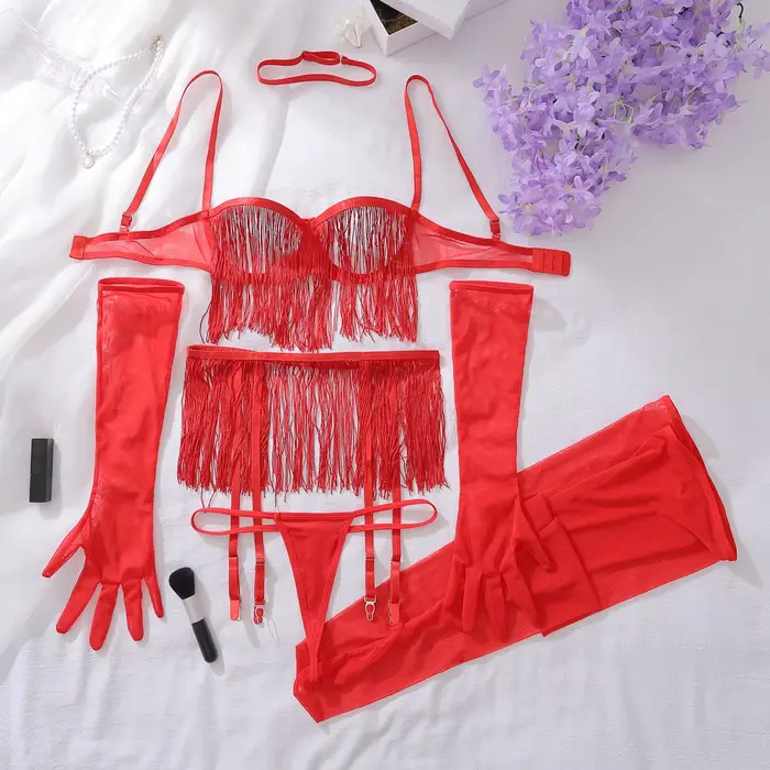 Luxusná erotická bielizeň pre ženy s pompoms, sexy spodná bielizeň, 8 kusov, ultra-zmyselná priehľadná podprsenka a nohavičky s podväzkovým pásom, intímne spodné prádlo