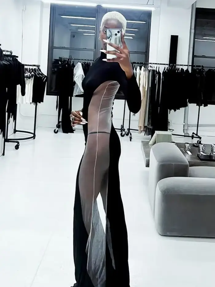 Robes Maxi noires pour femmes, robes transparentes sur le côté, élégantes éducatives, une pièce mince, robe de nuit sexy, tenue de club chaude