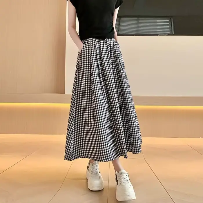 Jupe trapèze à carreaux noir et blanc pour femmes, légère, taille haute, longue, pour Petite, aminci