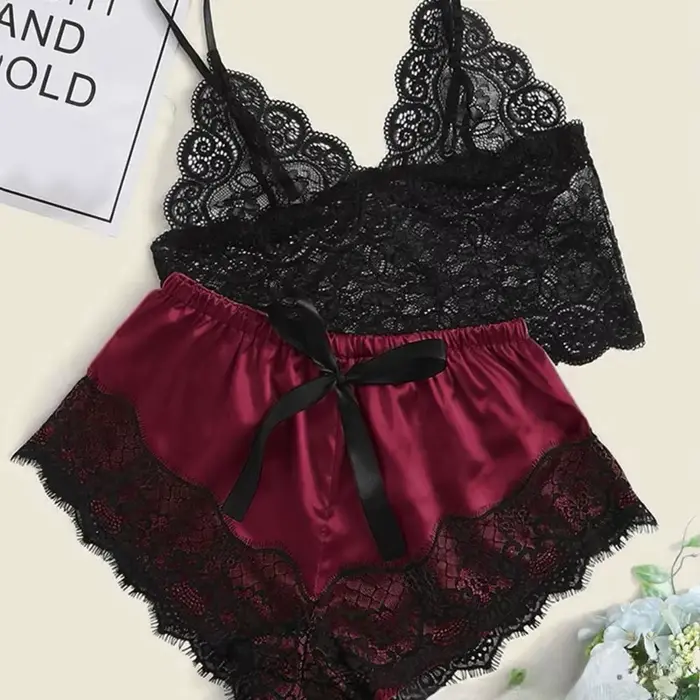 Sexy pyžamový set pre ženy 2-dielny Top Šortky Súprava Nočné oblečenie Čipkované pyžamo Spodná bielizeň