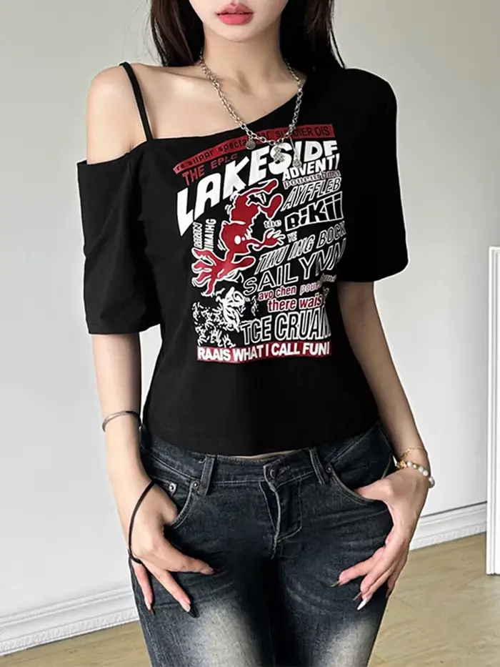 T-shirt gothique Y2K pour femme, imprimé lettre off initiated Punk, Harajuku, Streetwear d'été, Grun