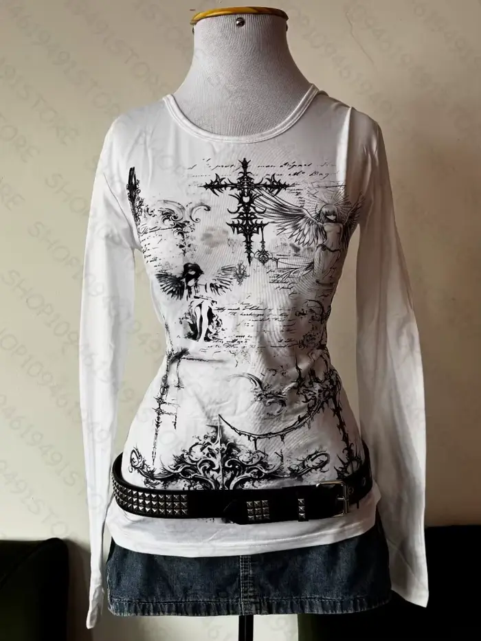 Y2k style esthétique doux et sexy haut à manches longues pour femmes décontracté gothique punk impri