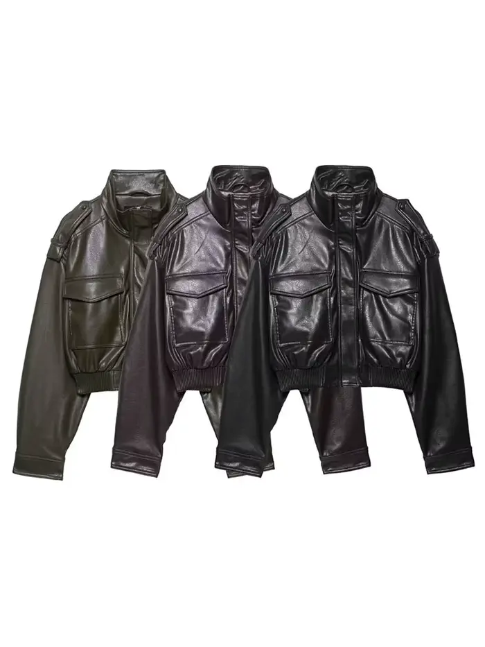 HH Dámska vintage bomber bunda z umelej kože s krátkym strihom