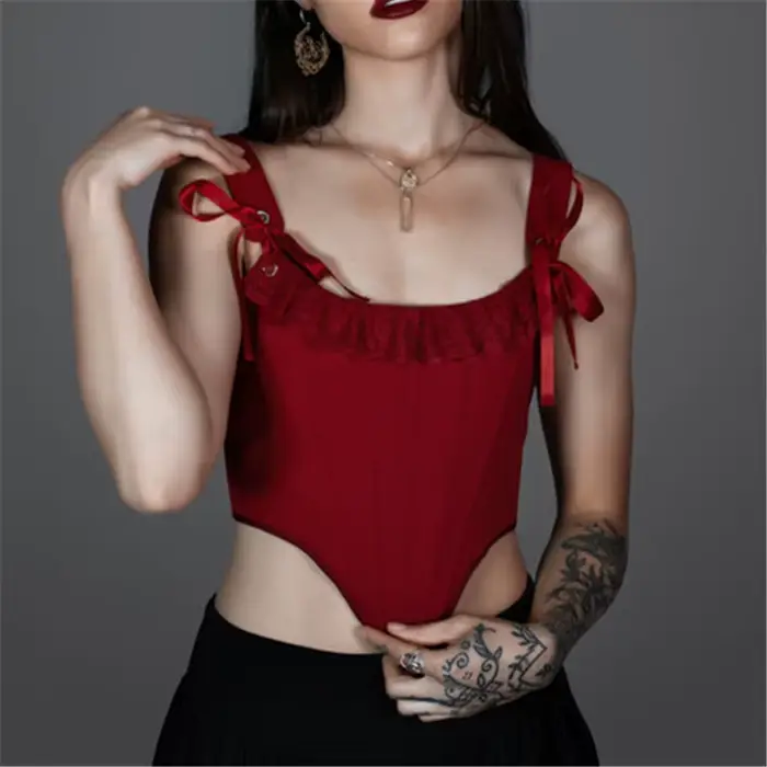 Dámske renesančné topy korzet Tmavo gotické Vintage čipka hore bez chrbta Bustier vykostené kostým Top
