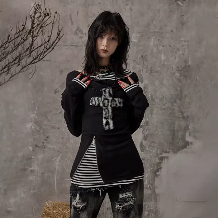 Karrcat Grunge esthétique faux deux pièces hauts Trashy Y2k à manches longues tricoté hauts Wastelan