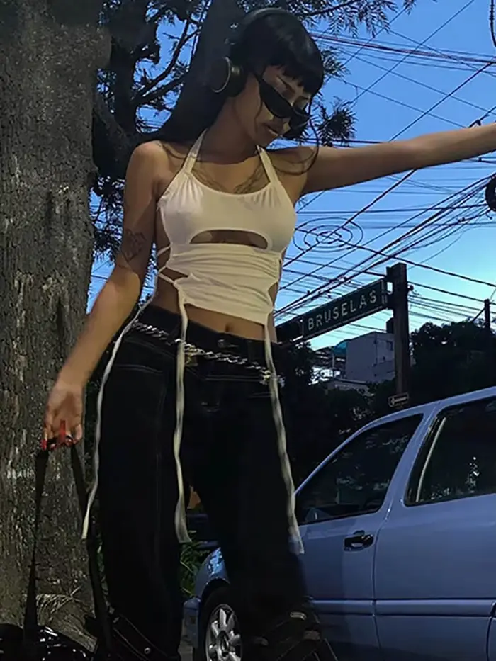 Y2K Sexy odhalený chrbát letný top krátky ženy 2025 biely bez rukávov obväzový lodičkový tielko Streetwear Cami 90s