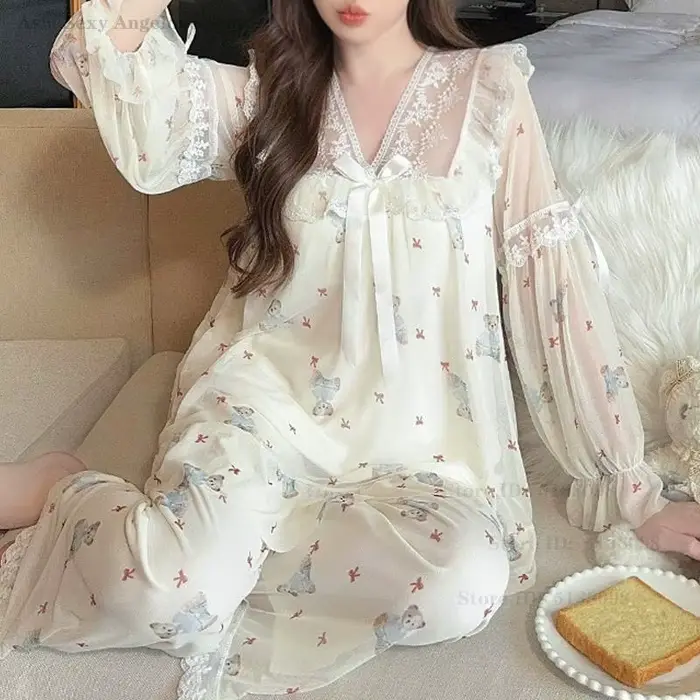 Nový jemný sieťovaný pyžamový set Sexy čipka princeznovský štýl ležérne nočné oblečenie s potlačou exkluzívne elegantné