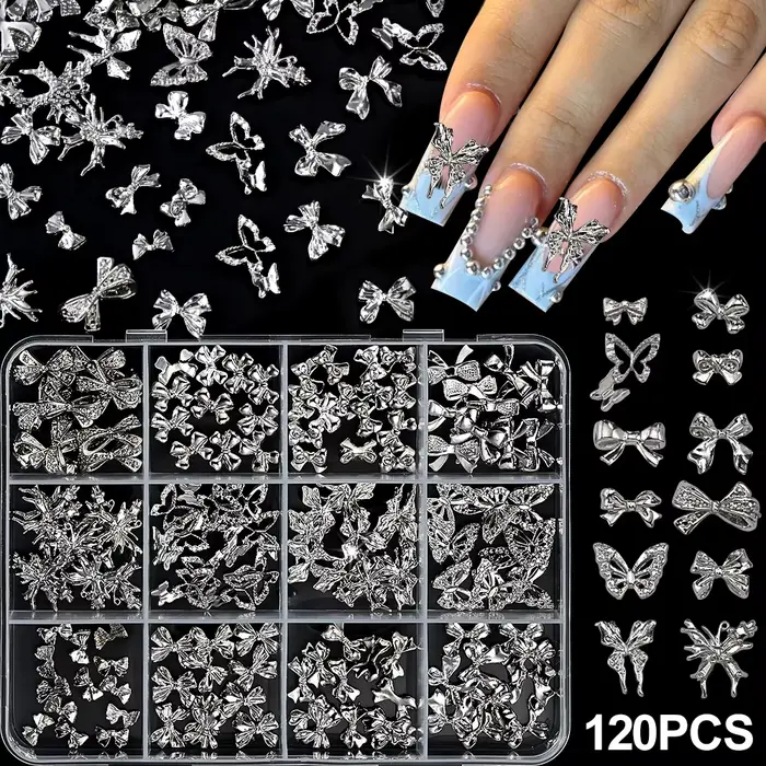 120 pièces/boîte 3D or arc papillon ongles breloques en métal brillant mignon noeud papillon/diamant