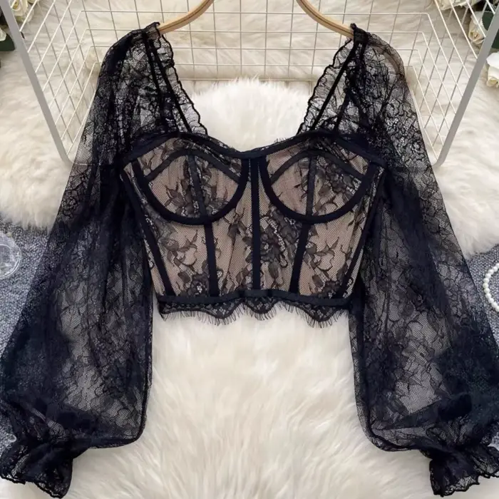 Dámska čipka a sieťovina korzet, tielko s dlhým rukávom, sexy krátky top, pouličná móda, párty klubové oblečenie, kamizola, štíhla tunika